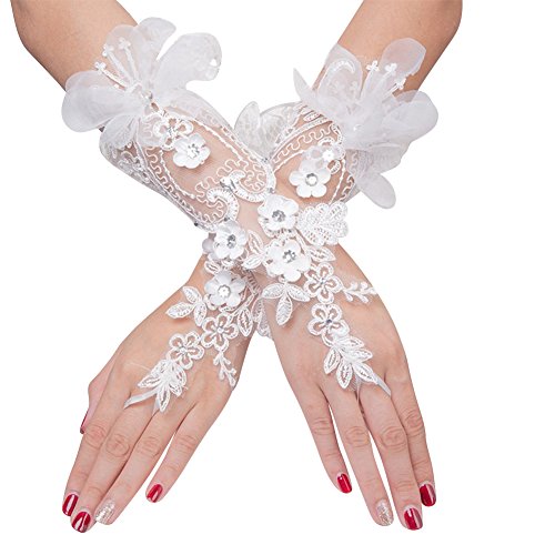 Spitze Handschuhe Fingerlose Brauthandschuhe Strass Blumen Spitzenhandschuhe Hochzeit Stulpen Lange Hochzeithandschuhe mit Satinband Lace Ellbogen Armstulpen für Opera Fest Abend Party von LONTG