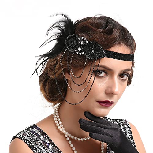 Stirnband Damen Feder Quaste Haarband Elastisches Kopfband Cocktail Party Hochzeit Gatsby Haarschmuck 20er Jahre Stil Kopfschmuck Vintage Haar Accessoires Kosüm Zubehör für Halloween Karneval Cosplay von LONTG