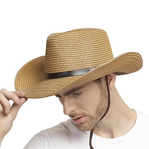 Strohhut Herren Cowboyhut Stroh Westernhut Faltbarer Panamahut mit Kinnriemen Breite Krempe Sonnenhut Anti-UV Sonnenschutz Strandhut Atmungsaktiver Sommerhut Strohkappe für Outdoor Strand Urlaub von LONTG