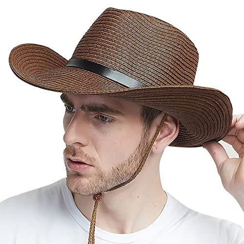 Strohhut Herren Cowboyhut Stroh Westernhut Faltbarer Panamahut mit Kinnriemen Breite Krempe Sonnenhut Anti-UV Sonnenschutz Strandhut Atmungsaktiver Sommerhut Strohkappe für Outdoor Strand Urlaub von LONTG