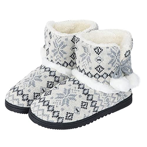Winterhausschuhe Damen Mädchen Strick Hüttenstiefel mit Pom Rutschfeste Hüttenschuhe Plüschfutter Hausstiefel Home Indoor Warme Slippers Outdoor Damenschuhe Stiefel Herbst Winter Kuschel Pantoffeln von LONTG