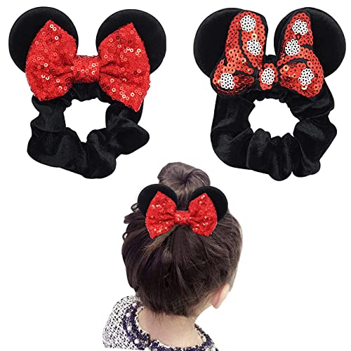 2 Stück Maus Ohr Haargummi LONTOM elastische Haarbänder süße Pferdeschwanzhalter Krawatten weiche Samtschleife Haargummi keine Beschädigung Zubehör für Frauen Kinder Mädchen Weihnachten Cosplay Party von LONTOM
