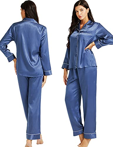 LONXU Damen-Pyjama-Set, Seidensatin, Button-Down, Nachtwäsche, Loungewear, Größe XS ~ 3XL, Blau / S gestreift, Größe L von LONXU