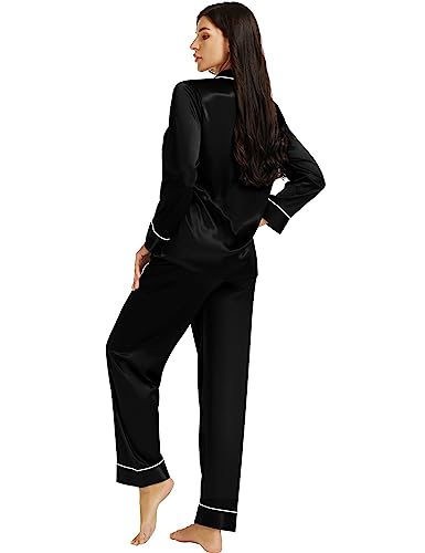 LONXU Damen Seide Pyjama Set Schlafanzug Schwarz S von LONXU