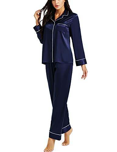 Damen Seide Schlafanzug Pyjama Blau Large von LONXU