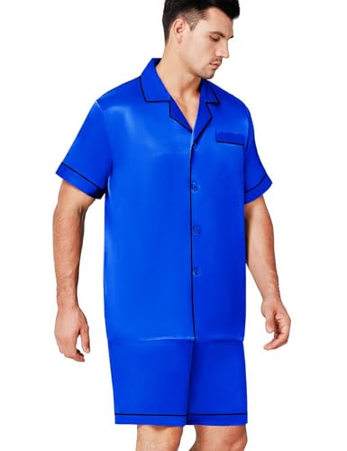 Herren Seide Schlafanzug Kurz Blau X-Large von LONXU