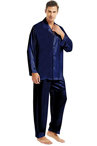 Herren Seide Schlafanzug Pyjama Blau Medium von LONXU