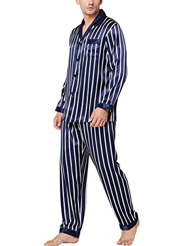 Lonxu Pyjama-Set für Herren, Seidensatin, langärmelig, Loungewear, zweiteilig, Nachtwäsche, Button-Down-Pyjama-Set, S-XXXXL, Marineblau, X-Large von LONXU