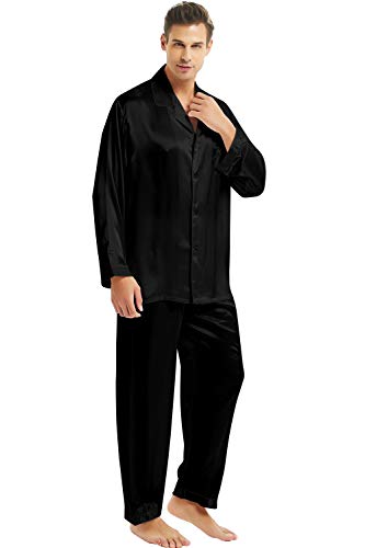 LONXU Herren-Pyjama-Set, Seidensatin, Nachtwäsche, Loungewear, Größe S ~ 4XL, Schwarz, L von LONXU