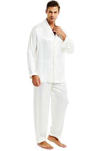 Herren Seide Schlafanzug Pyjama Weiß Large von LONXU