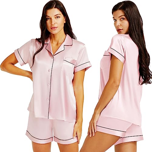 LONXU Damen Satin Kurzarm Pyjama Set Rosa Small von LONXU