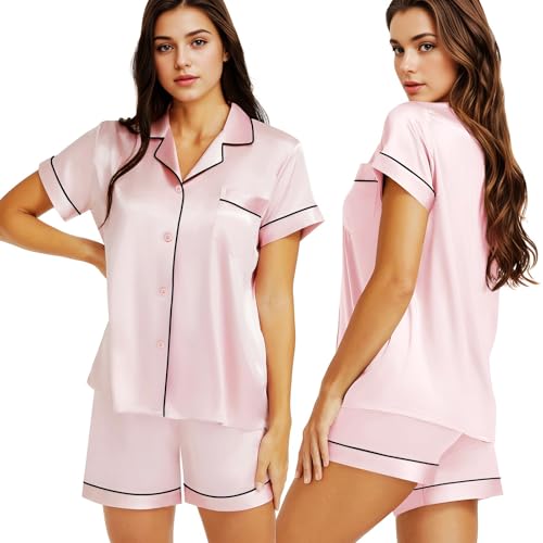 LONXU Damen Satin Kurzarm Pyjama Set Rosa X-Small von LONXU