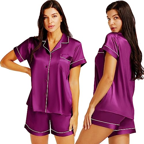 LONXU Damen Satin Kurzarm Pyjama Set Violett X-Large von LONXU