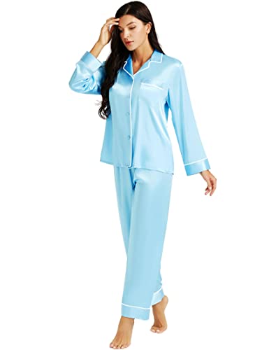 LONXU Damen Satin Pyjama Set Blau Small von LONXU