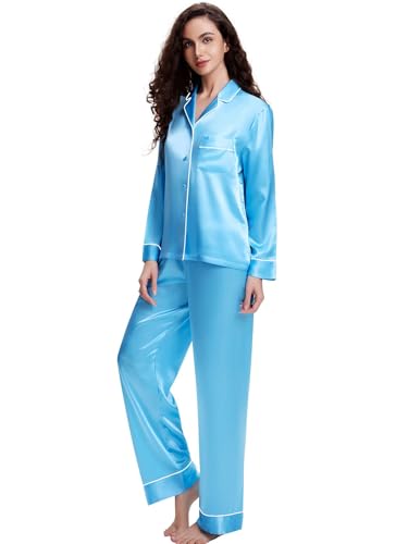 LONXU Damen Satin Pyjama Set Blau X-Large von LONXU