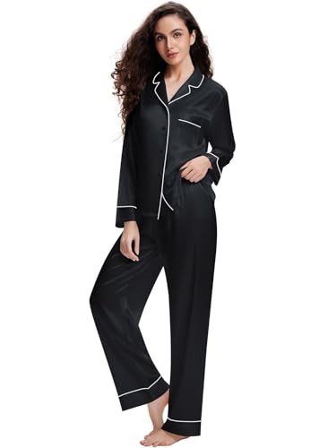 LONXU Damen Seide Pyjama Set Schlafanzug Schwarz M von LONXU