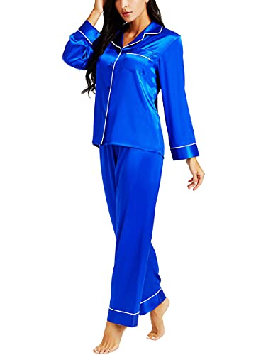 LONXU Damen Seide Schlafanzug Pyjama Blau Small von LONXU