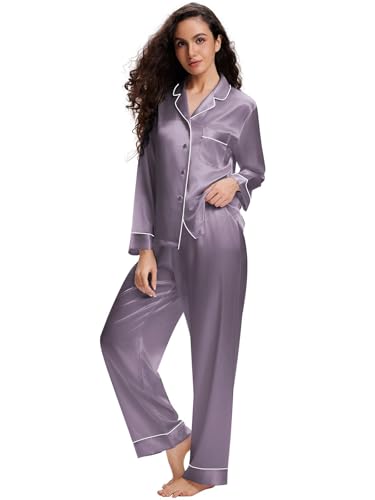 LONXU Damen Seide Schlafanzug Pyjama Grau X-Small von LONXU