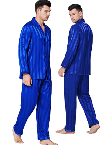 Lonxu Herren-Pyjama-Set, seidiges Satin, Schlafanzug, Loungewear, gestreift, S-4XL Gr. L, Königsblau gestreift von LONXU