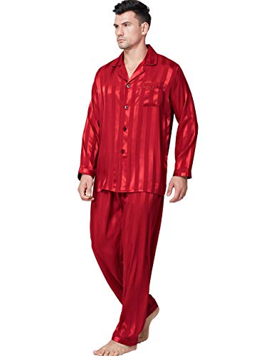 Lonxu Herren-Pyjama-Set, seidiges Satin, Schlafanzug, Loungewear, gestreift, S-4XL Gr. L, Rot gestreift von LONXU