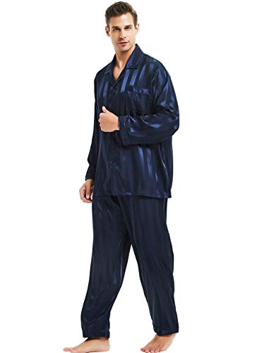 Lonxu Herren-Pyjama-Set, seidiges Satin, Schlafanzug, Loungewear, gestreift, S-4XL Gr. M, Marineblau gestreift von LONXU