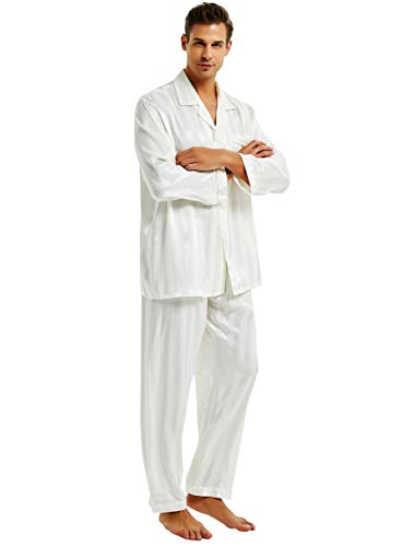 Lonxu Herren-Pyjama-Set, seidiges Satin, Schlafanzug, Loungewear, gestreift, S-4XL Gr. M, Weiß gestreift von LONXU