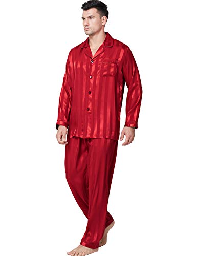 Lonxu Herren-Pyjama-Set, seidiges Satin, Schlafanzug, Loungewear, gestreift, S-4XL Gr. S, Rot gestreift von LONXU