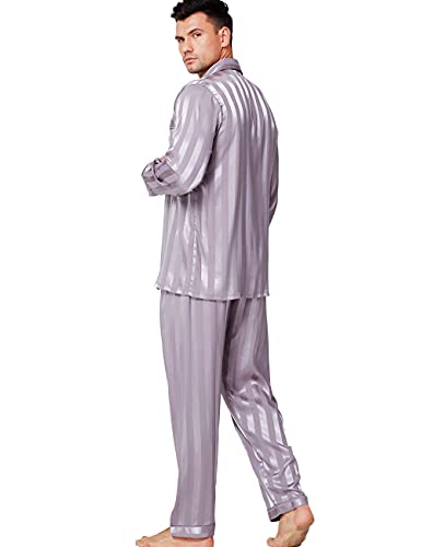 Lonxu Herren-Pyjama-Set, seidiges Satin, Schlafanzug, Loungewear, gestreift, S-4XL Gr. XXX-Large, Grau gestreift von LONXU
