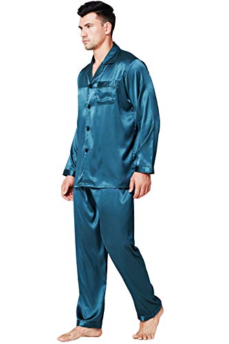 Lonxu Pyjama-Set Herren Seide Satin Pyjama Langarm Loungewear Zweiteilige Nachtwäsche Button-Down Pyjama-Set S-XXXXL, Grün , X-Large von LONXU