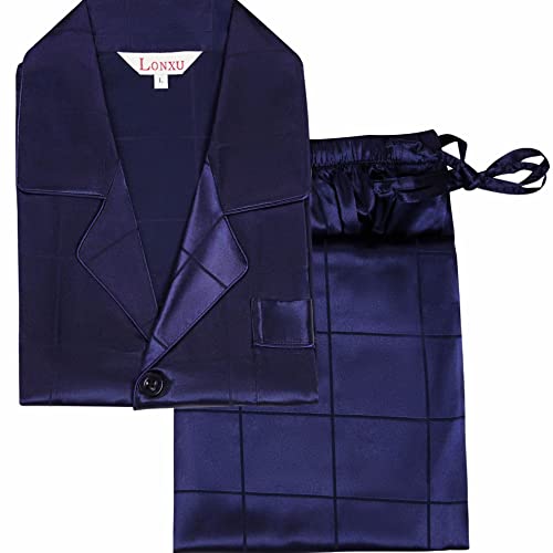 Lonxu Pyjama-Set für Herren, Seidensatin, langärmelig, Loungewear, zweiteilig, Nachtwäsche, Button-Down-Pyjama-Set, S-XXXXL, Marineblau kariert, XXX-Large Lonxu Pyjama-Set für Herren, Seidensatin, langärmelig, Loungewear, zweiteilig, Nachtwäsche, Button-Down-Pyjama-Set, S-XXXXL, Marineblau kariert, XXX-Large von LONXU