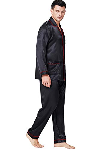 Lonxu Pyjama-Set Herren Seide Satin Pyjama Langarm Loungewear Zweiteilige Nachtwäsche Button-Down Pyjama-Set S-XXXXL, Schwarz Rot, Medium Lonxu Pyjama-Set Herren Seide Satin Pyjama Langarm Loungewear Zweiteilige Nachtwäsche Button-Down Pyjama-Set S-XXXXL, Schwarz Rot, Medium von LONXU