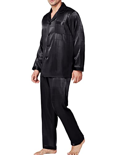 Lonxu Pyjama-Set Herren Seide Satin Pyjama Langarm Loungewear Zweiteilige Nachtwäsche Button-Down Pyjama-Set S-XXXXL, Schwarz kariert, 4XL von LONXU