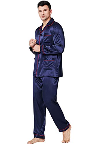 Lonxu Pyjama-Set Herren Seide Satin Pyjama Langarm Loungewear Zweiteilige Nachtwäsche Button-Down Pyjama-Set S-XXXXL, marineblau / rot, 4X-Large von LONXU