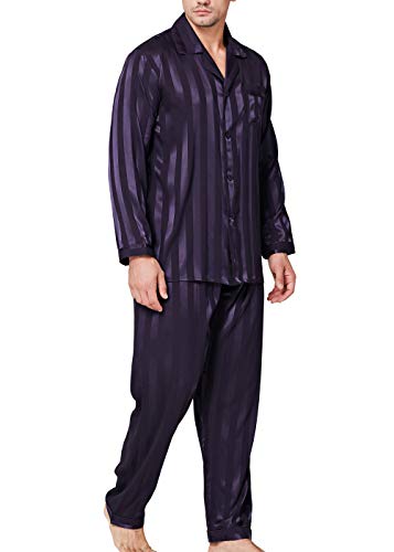 LONXU Pyjama-Set für Herren, Seidensatin, langärmelig, Loungewear, zweiteilig, Nachtwäsche, Button-Down-Pyjama-Set, S-XXXXL, Lila gestreift, Large LONXU Pyjama-Set für Herren, Seidensatin, langärmelig, Loungewear, zweiteilig, Nachtwäsche, Button-Down-Pyjama-Set, S-XXXXL, Lila gestreift, Large von LONXU
