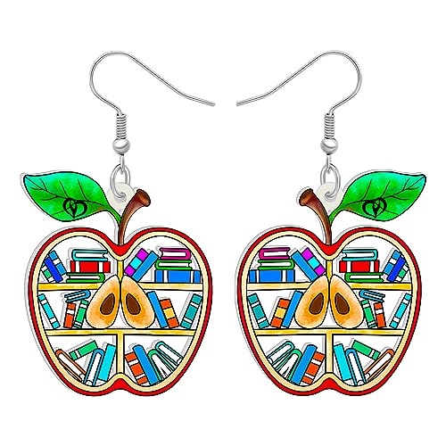 LONYOO Acryl Buch Ohrringe baumeln Schmuck lustig Bücherregal zurück zu Schule Geschenke für Lehrer Frauen Mädchen Kinder Charms (Apfel Bücherregale) von LONYOO