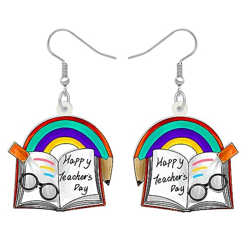 LONYOO Acryl Buch Ohrringe baumeln Schmuck lustig Bücherregal zurück zu Schule Geschenke für Lehrer Frauen Mädchen Kinder Charms (Regenbogen Bleistift Buch) von LONYOO