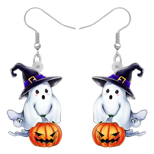 LONYOO Acryl Geist Ohrringe Hängend für Damen Mädchen Halloween Kürbis Hexenhut Geistgesicht Wicked Schmuck Halloween Kostüme Partei Zubehör Gruselige Geist Geschenke (Schnee) von LONYOO