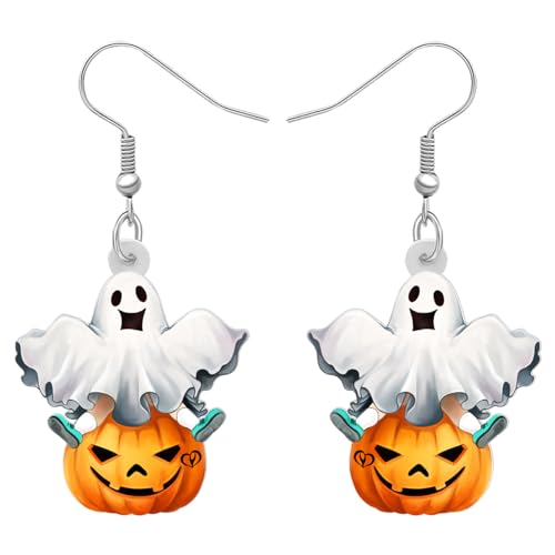LONYOO Acryl Geist Ohrringe Hängend für Damen Mädchen Halloween Kürbis Hexenhut Geistgesicht Wicked Schmuck Halloween Kostüme Partei Zubehör Gruselige Geist Geschenke (Weiß) von LONYOO