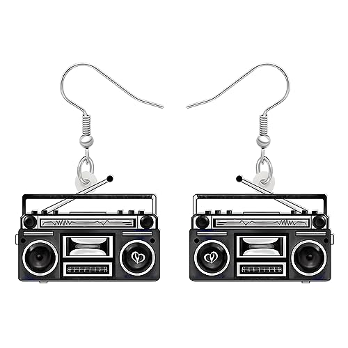 LONYOO Acryl Herz Vintage Ohrringe Anweisung Baumeln Drop Schmuck Nostalgie Geschenke für Frauen Mädchen Charms (Radio Schwarz) von LONYOO
