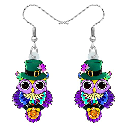 LONYOO Acryl St. Patrick's Day Eule Ohrringe Vögel Baumeln Tropfen Schmuck Grüner Hut Eule Geschenke für Frauen Mädchen Charms (Lila) von LONYOO
