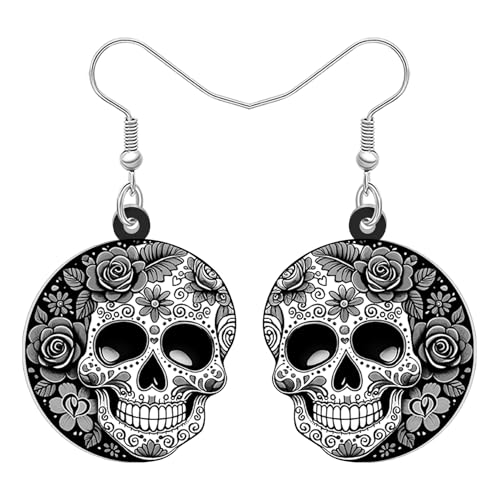 LONYOO Acryl Zuckerschädel Ohrringe für Damen Mädchen Halloween Ohrringe Hängend Tag der Toten Schmuck Gruselige Schädel Geschenke für Halloween Kostüme Partei Zubehör (Grau) von LONYOO