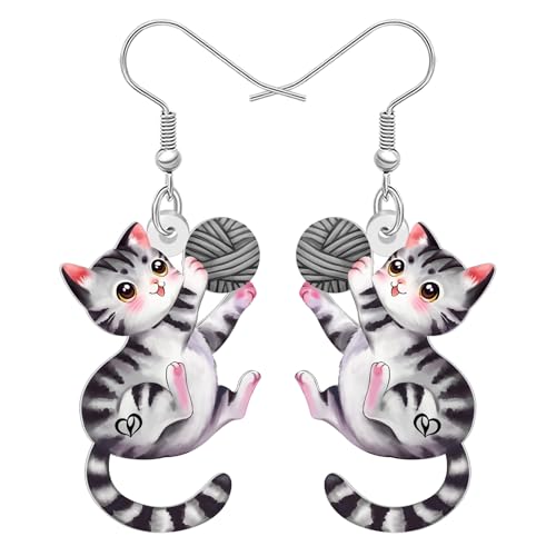 LONYOO Acryl niedliche Katze Ohrringe baumeln Drop Kätzchen Schmuck Katze Liebhaber Geschenke für Frauen Mädchen Mutter Haustier Besitzer (Grau) von LONYOO