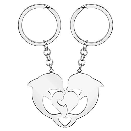 LONYOO Edelstahl Herz Delphin Schlüsselanhänger Ozean Delphin Valentinstag Geschenke für Frauen Mädchen Autoschlüssel Rucksack Schmuck (Versilbert #2) von LONYOO