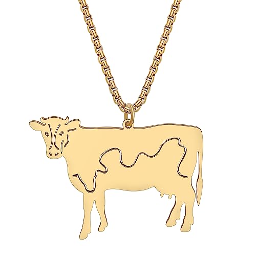 LONYOO Edelstahl Milch Kuh Halskette Bauernhof Tiere Kette Anhänger Schmuck für Frauen Mädchen Charms Kuh Geschenke (Vergoldet) von LONYOO