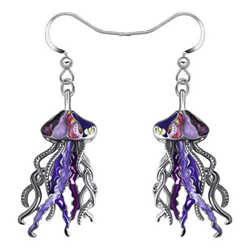 LONYOO Emaille Ozean Tiere Hai Ohrringe baumeln Zinklegierung Oktopus Qualle Wal Delphin Ohrringe für Frauen Mädchen Sommer Charms (Quallen Ohrringe Lila) von LONYOO