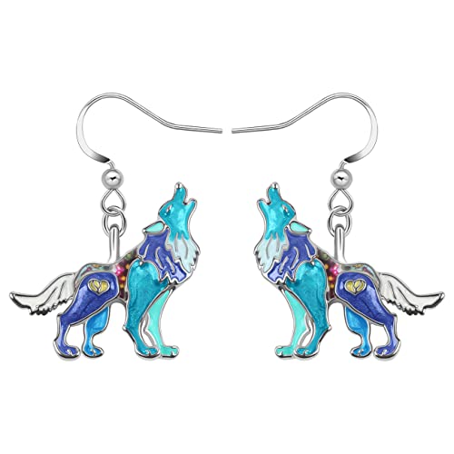 LONYOO Emaille röhrenden Wolf Ohrringe baumeln Zinklegierung Aussage Ohrringe für Frauen Mädchen Charms lustig Wolf Geschenke (Blau) von LONYOO