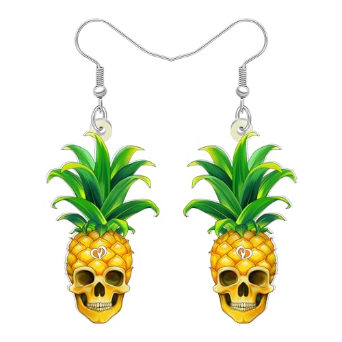 LONYOO Gruselige Totenkopf Gesicht Ananas Ohrringe Flache Acryl Ohrringe Hängend Tropische Frucht Schmuck Ananas Geschenke für Damen Mädchen Halloween Kostüme Partei Zubehör (Gelb) von LONYOO