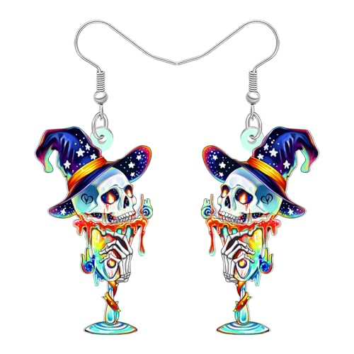 LONYOO Halloween Hexe Hut Totenkopf Ohrringe Hängend Mit Weingläsern Acryl Tag der Toten Schmuck Gruselige Totenkopf Geschenke für Damen Mädchen Kostüme Partei Dekoration (Blau) von LONYOO