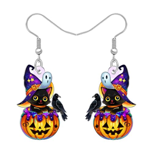 LONYOO Halloween Hexenhut Kürbis Schwarze Katze Ohrringe Hängend Gruselig Acryl Lustiger Kätzchen Schmuck Eigenwillig Halloween Geschenke für Damen Mädchen Katzenliebhaber Partei (Violett) von LONYOO