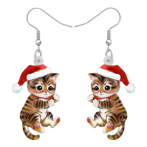 LONYOO Neuheit Anime Katze Weihnachten Ohrringe Dangling Acryl Rot Santa Hut Kätzchen Schmuck Mädchen Frauen Geschenke für Weihnachten (Braun) von LONYOO